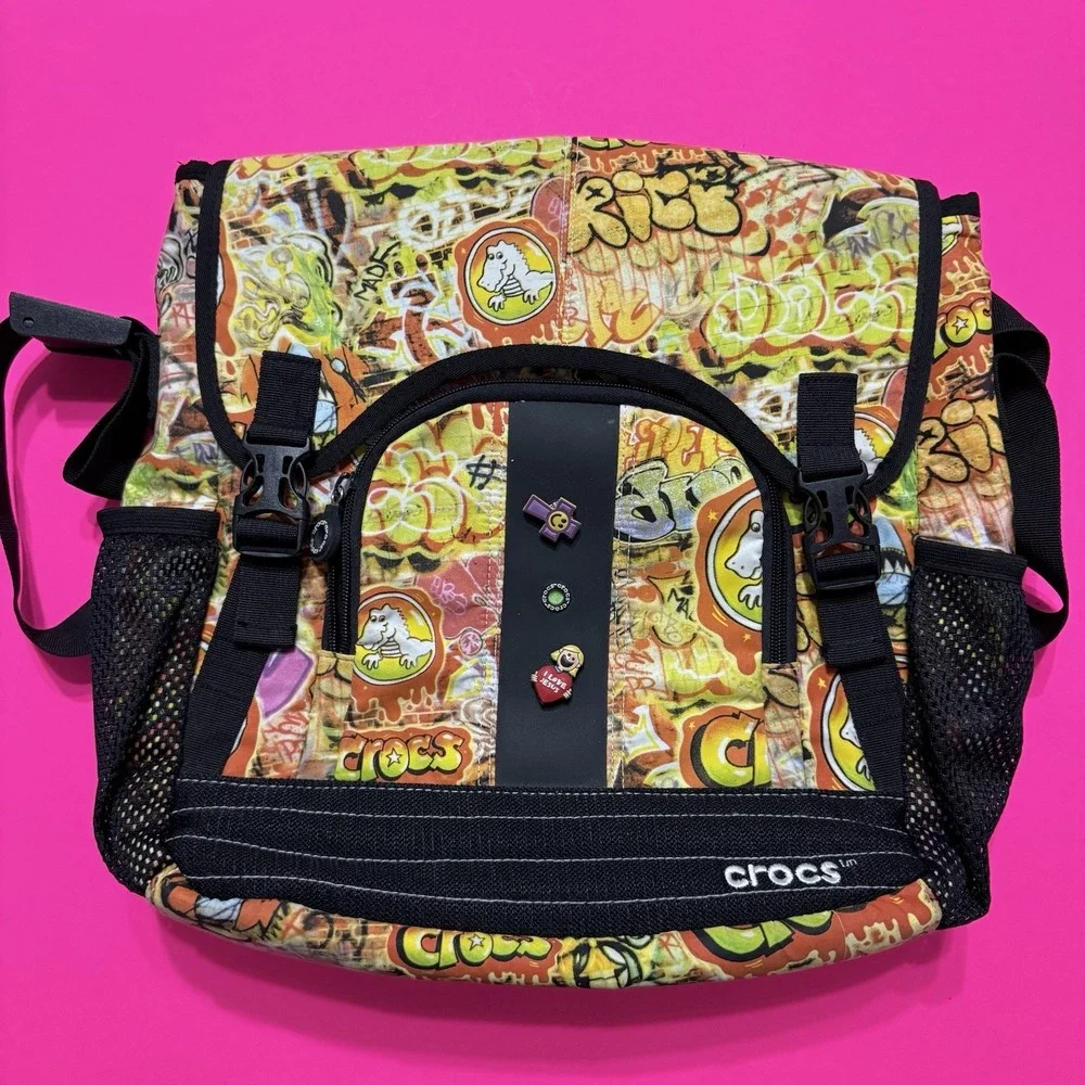 Crocs Graffiti Dinosaur Messenger Bag Adult Lime Green Interior